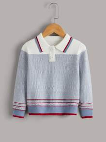 SHEIN 小男童條紋圖案撞色Polo領套頭毛衣 - 彩色 - 查看 1