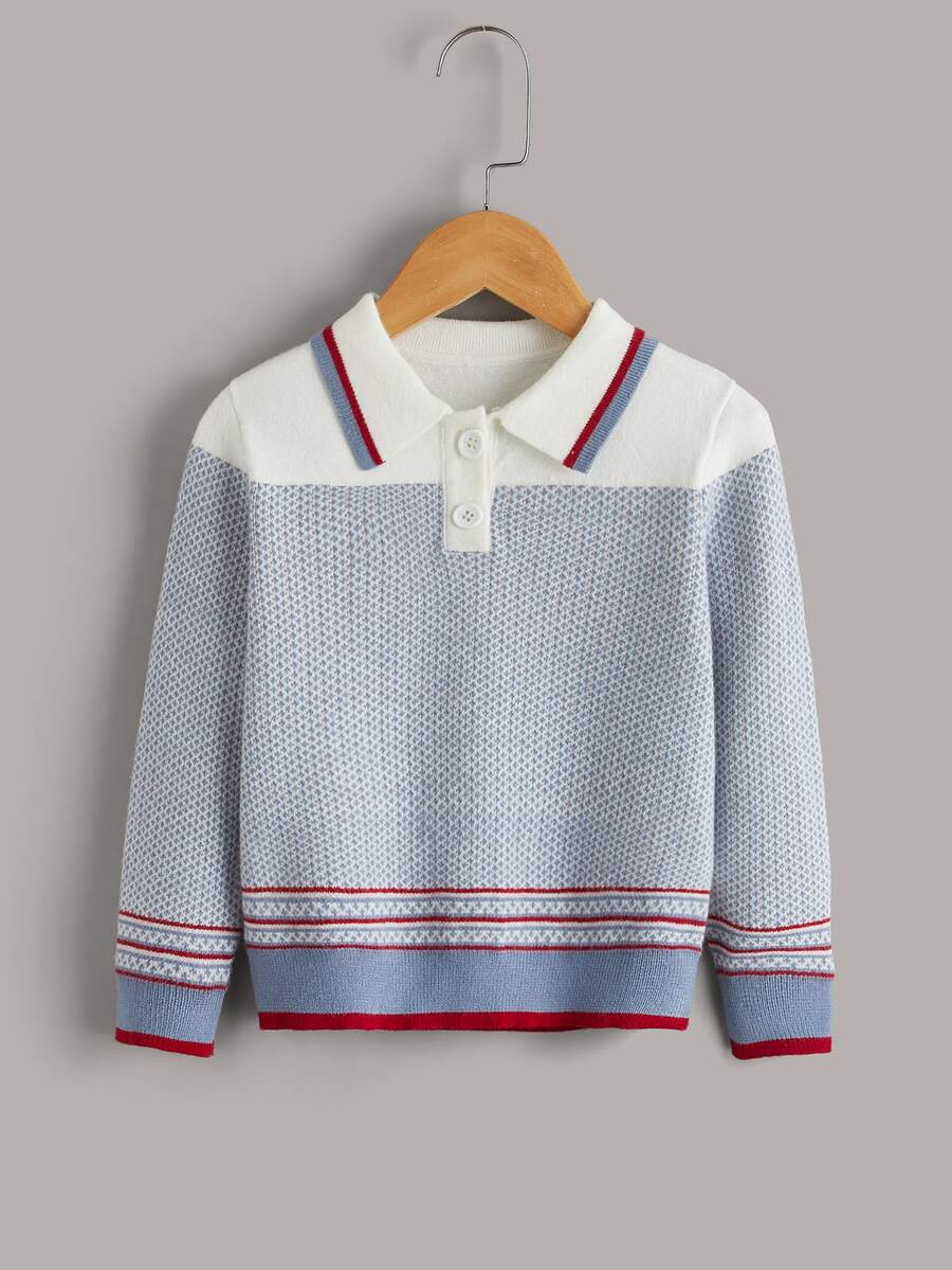 SHEIN 小男童條紋圖案撞色Polo領套頭毛衣 - 彩色 - 查看 1
