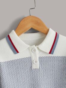 SHEIN 小男童條紋圖案撞色Polo領套頭毛衣 - 彩色 - 查看 4
