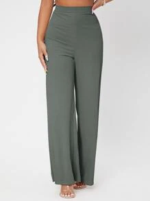 SHEIN PETITE Quần nữ Gân đan màu trơn Giải trí - Màu xanh lá cây đậm - Xem 4