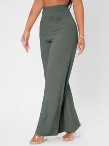 SHEIN PETITE Quần nữ Gân đan màu trơn Giải trí - Màu xanh lá cây đậm - Xem 5