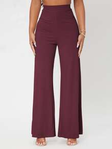 SHEIN PETITE Solid Rib-knit Wide Leg Pants - Burgundy - View 1