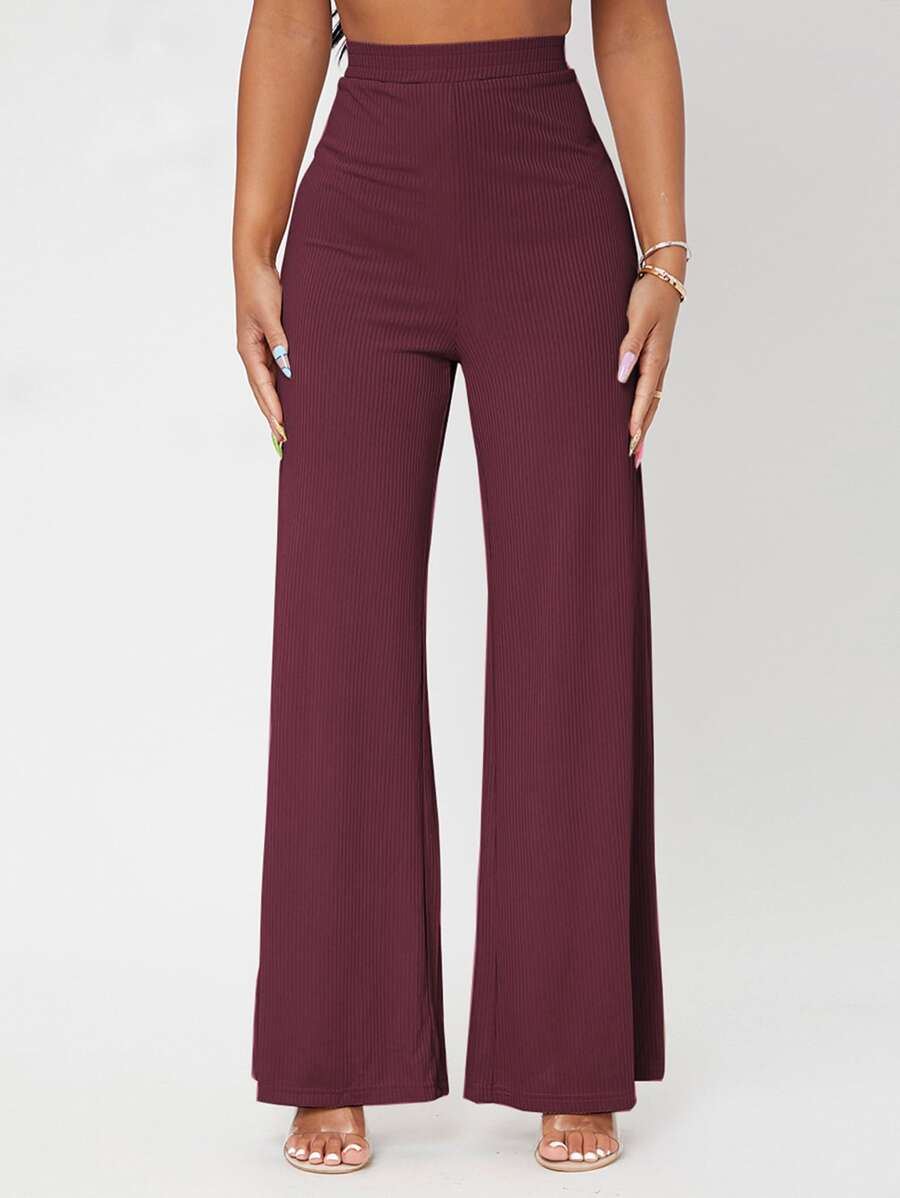 SHEIN PETITE Solid Rib-knit Wide Leg Pants - Burgundy - View 1