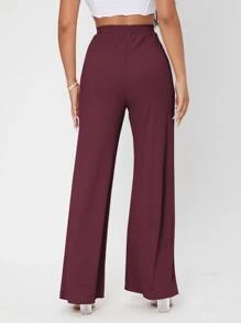 SHEIN PETITE Solid Rib-knit Wide Leg Pants - Burgundy - View 2