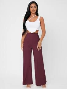 SHEIN PETITE Solid Rib-knit Wide Leg Pants - Burgundy - View 3