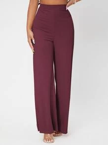 SHEIN PETITE Solid Rib-knit Wide Leg Pants - Burgundy - View 4