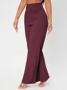 SHEIN PETITE Solid Rib-knit Wide Leg Pants - Burgundy - View 5