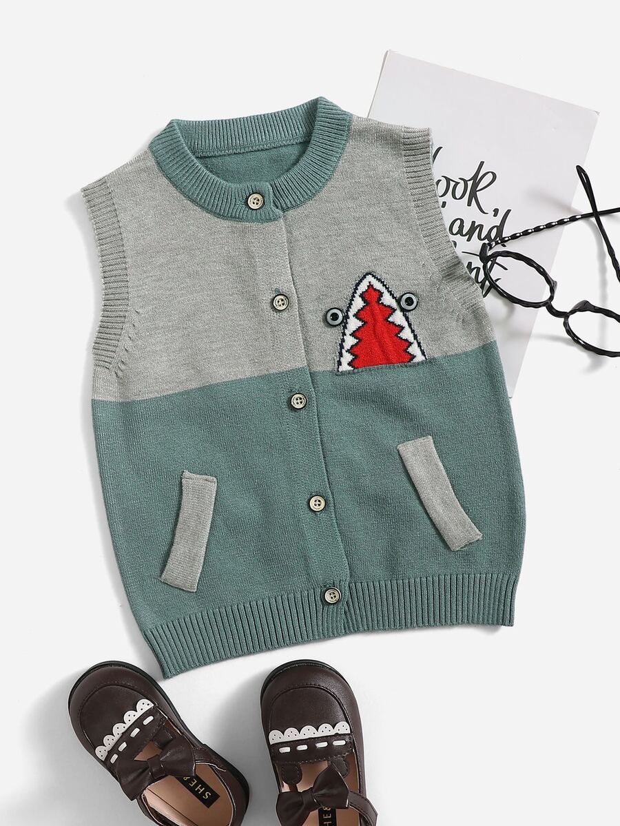 Bebé niño Cárdigan de dos tonos con patrón de dibujos animados sin manga - Multicolor - Ver 1