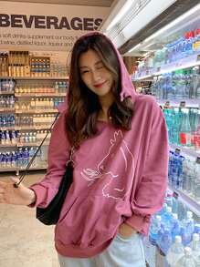 卡通圖案落肩袖抽繩連帽衫 - 粉色 - 查看 1