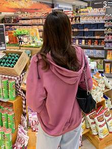 卡通圖案落肩袖抽繩連帽衫 - 粉色 - 查看 2