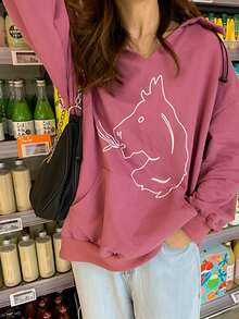 卡通圖案落肩袖抽繩連帽衫 - 粉色 - 查看 3