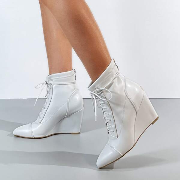 

Minimalist Lace-up Front Wedge Boots, White
