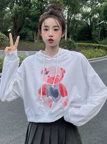 卡通圖案落肩袖短款連帽衫 - 白色 - 查看 1