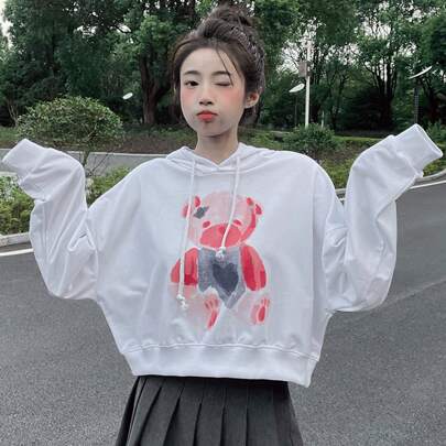 쇼트 후드티 카툰 패턴 드롭 숄더