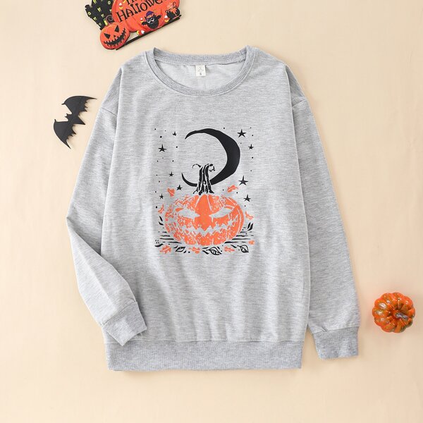

Halloween Pumpkin Print Sweatshirt, Grey