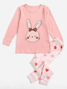 Mädchen Pyjama Set mit Hase & Herzen Muster - Babypink - Übersicht 1