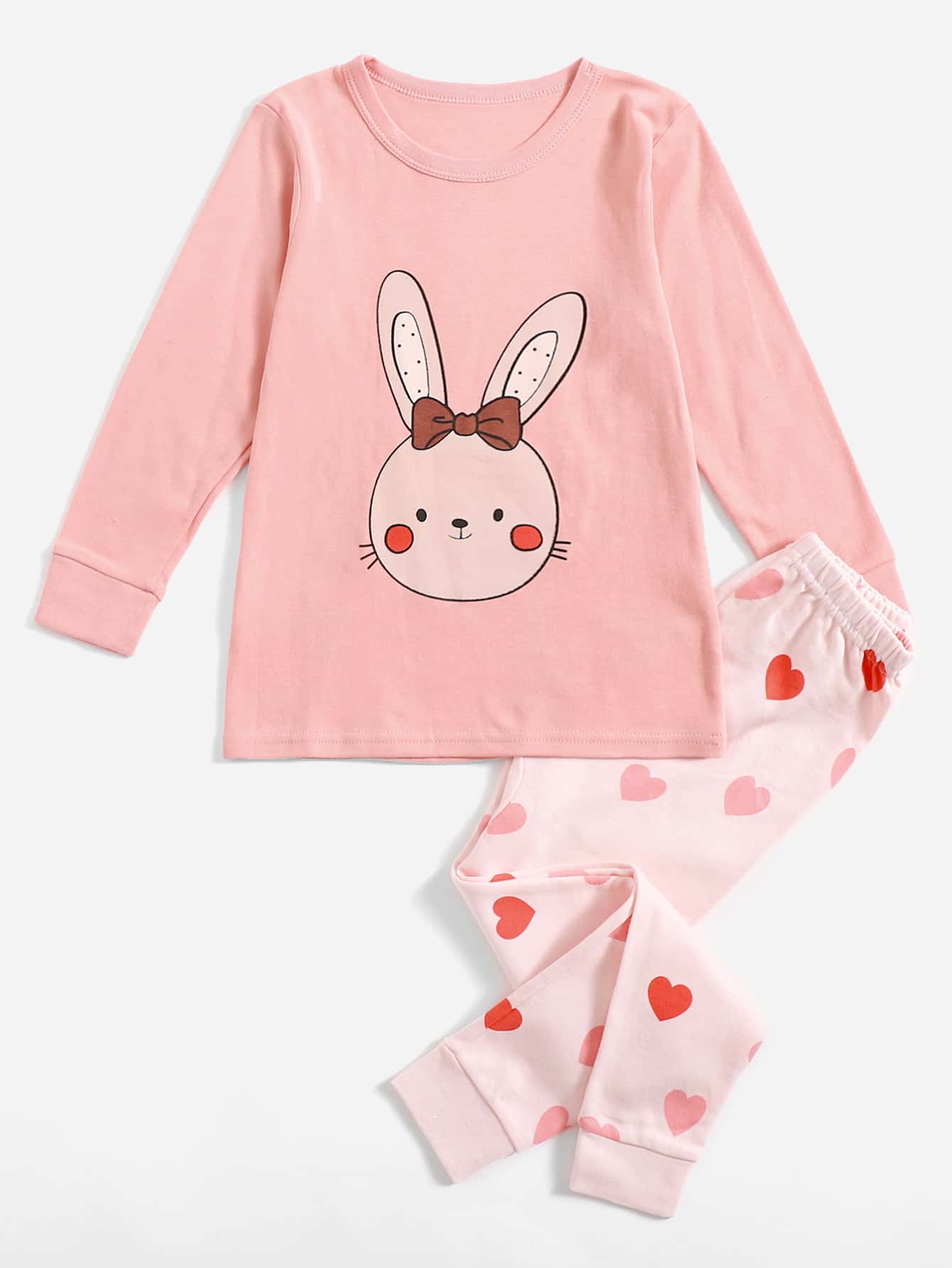 Mädchen Pyjama Set mit Hase & Herzen Muster - Babypink - Übersicht 1