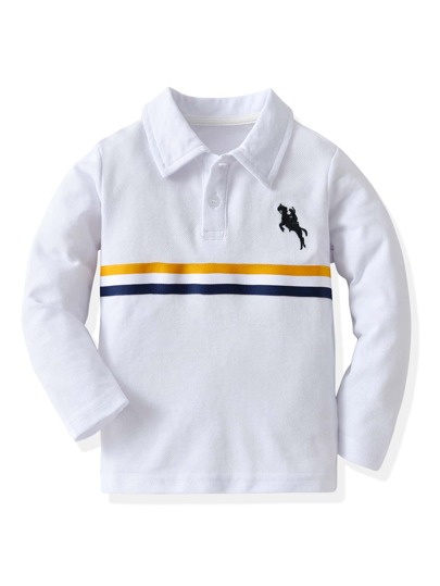 SHEIN Young Boy Striped Panel Horse & Figure Embroidery Polo Shirt,Holiday,Summer,Travel