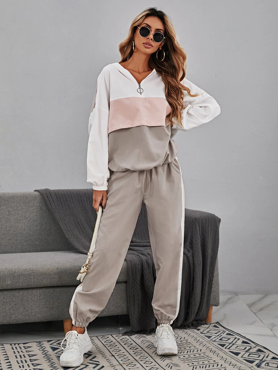 SHEIN LUNE Colour Block Drop Shoulder Drawstring Hem Hoodie & Joggers - Multicolor - View 1