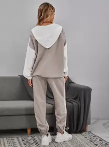 SHEIN LUNE Colour Block Drop Shoulder Drawstring Hem Hoodie & Joggers - Multicolor - View 2