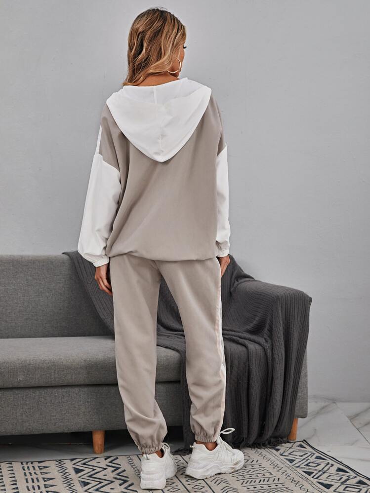 SHEIN LUNE Color Block Drop Shoulder Drawstring Hem Hoodie & Sweatpants,Casual - Multicolor - View 2