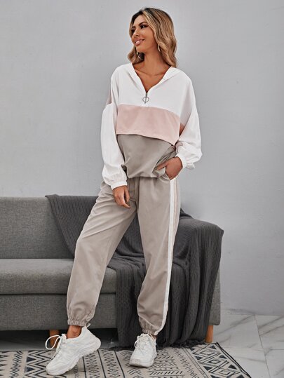 Easowa Ensemble sweat-shirt à capuche et pantalon de survêtement à épaules tombantes et ourlet à cordon de serrage, blocs de couleurs