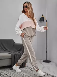 SHEIN LUNE Colour Block Drop Shoulder Drawstring Hem Hoodie & Joggers - Multicolor - View 4