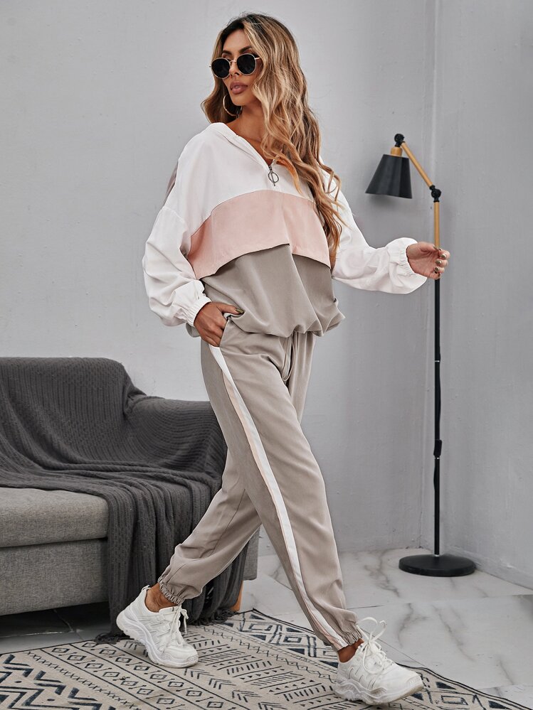 SHEIN LUNE Color Block Drop Shoulder Drawstring Hem Hoodie & Sweatpants,Casual - Multicolor - View 4