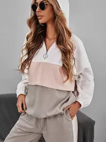 SHEIN LUNE Colour Block Drop Shoulder Drawstring Hem Hoodie & Joggers - Multicolor - View 5