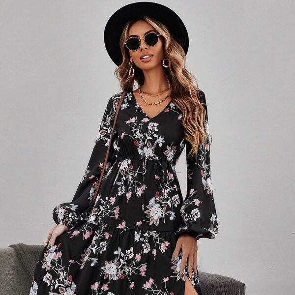 

Floral Print Lantern Sleeve Split Thigh Dress, Multicolor