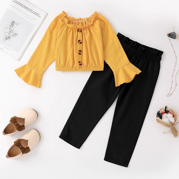 

Toddler Girls Frill Trim Flounce Sleeve Single Breasted Top & Pants, Multicolor