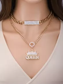 2pcs Rhinestone Decor Chain Necklace - Yellow Gold - View 1
