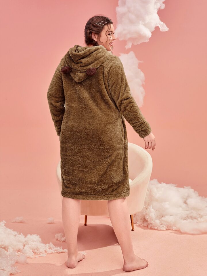 Our Plus Bear & Letter Embroidery 3D Ears Design Hooded Flannel Night Dress  is such a vibe - ROMWE