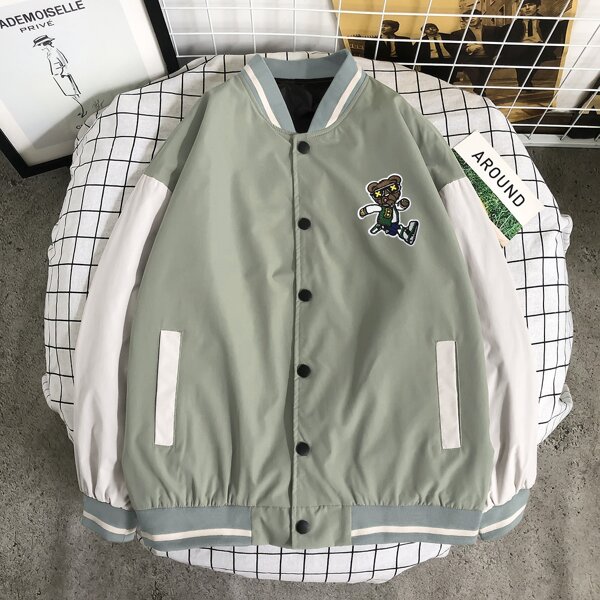 

Men Bear Embroidery Patched Bomber Jacket, Army green