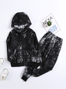 Niñas con estampado de tinte de salpicadura Capucha & Pantalones - Negro - Ver 1