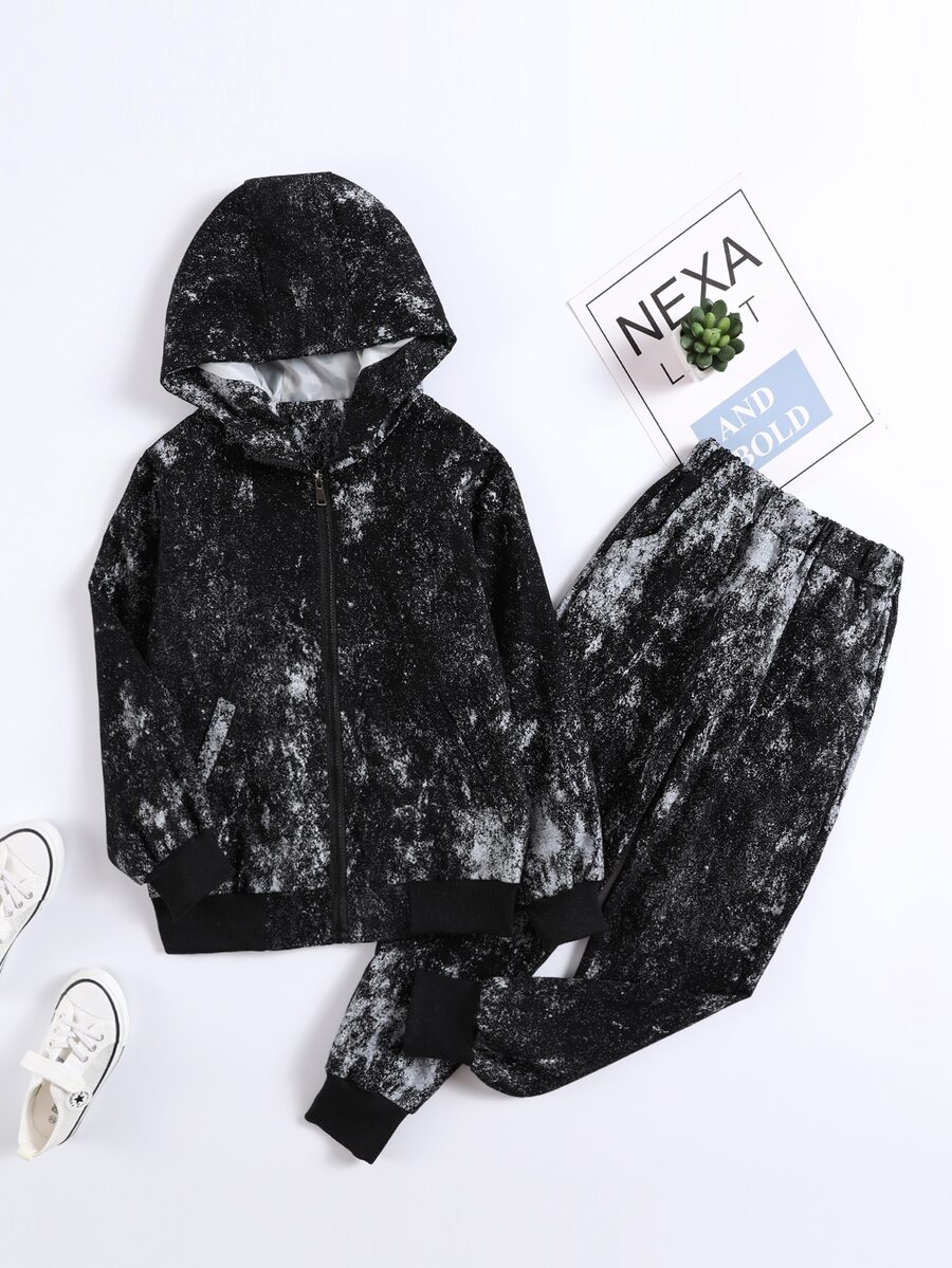 Niñas con estampado de tinte de salpicadura Capucha & Pantalones - Negro - Ver 1