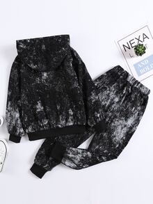 Niñas con estampado de tinte de salpicadura Capucha & Pantalones - Negro - Ver 2