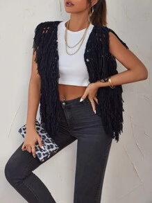 Shaggy Knit Vest Cardigan - Black - View 1