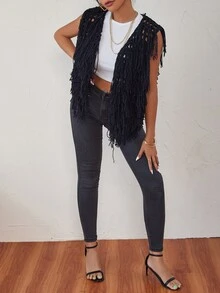 Shaggy Knit Vest Cardigan - Black - View 3