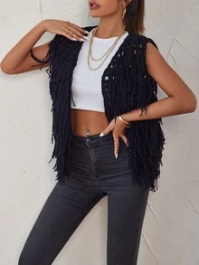 Shaggy Knit Vest Cardigan - Black - View 4