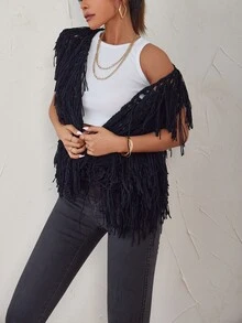 Shaggy Knit Vest Cardigan - Black - View 6