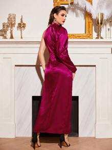 Modelyn Rhinestone Beaded Asymmetrical Neck Wrap Hem Dress - Red Violet - View 2