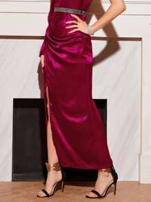 Modelyn Rhinestone Beaded Asymmetrical Neck Wrap Hem Dress - Red Violet - View 5