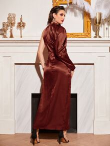 Modelyn Rhinestone Beaded Asymmetrical Neck Wrap Hem Dress - Rust Brown - View 2