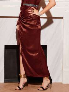 Modelyn Rhinestone Beaded Asymmetrical Neck Wrap Hem Dress - Rust Brown - View 5
