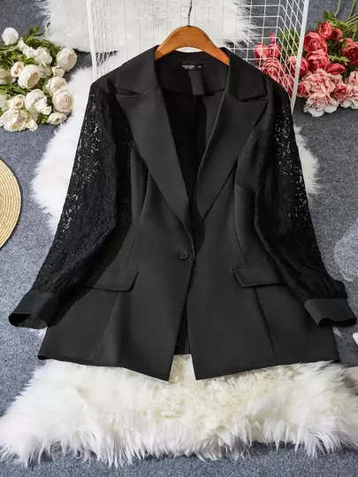 DreamSkyne Plus Lace Insert Single Button Blazer Graduation,Back To School,Teacher Outfits For Women Fall Cloth For Women Autumn