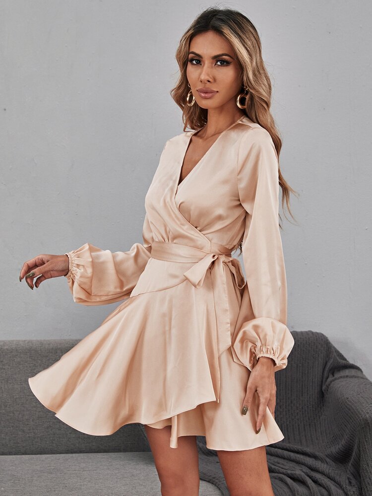 SHEIN Lantern Sleeve Knot Side Ruffle Hem Wrap Satin Dress - Apricot - View 5