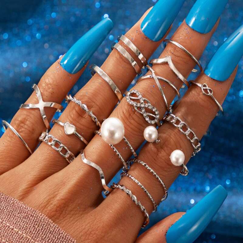 

17pcs Faux Pearl Decor Ring, Silver