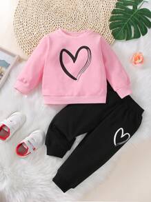 Baby Girl Heart Print Sweatshirt & Sweatpants - Multicolor - View 1