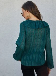 Ruffle Trim Swiss Dot Blouse - Dark Green - View 2